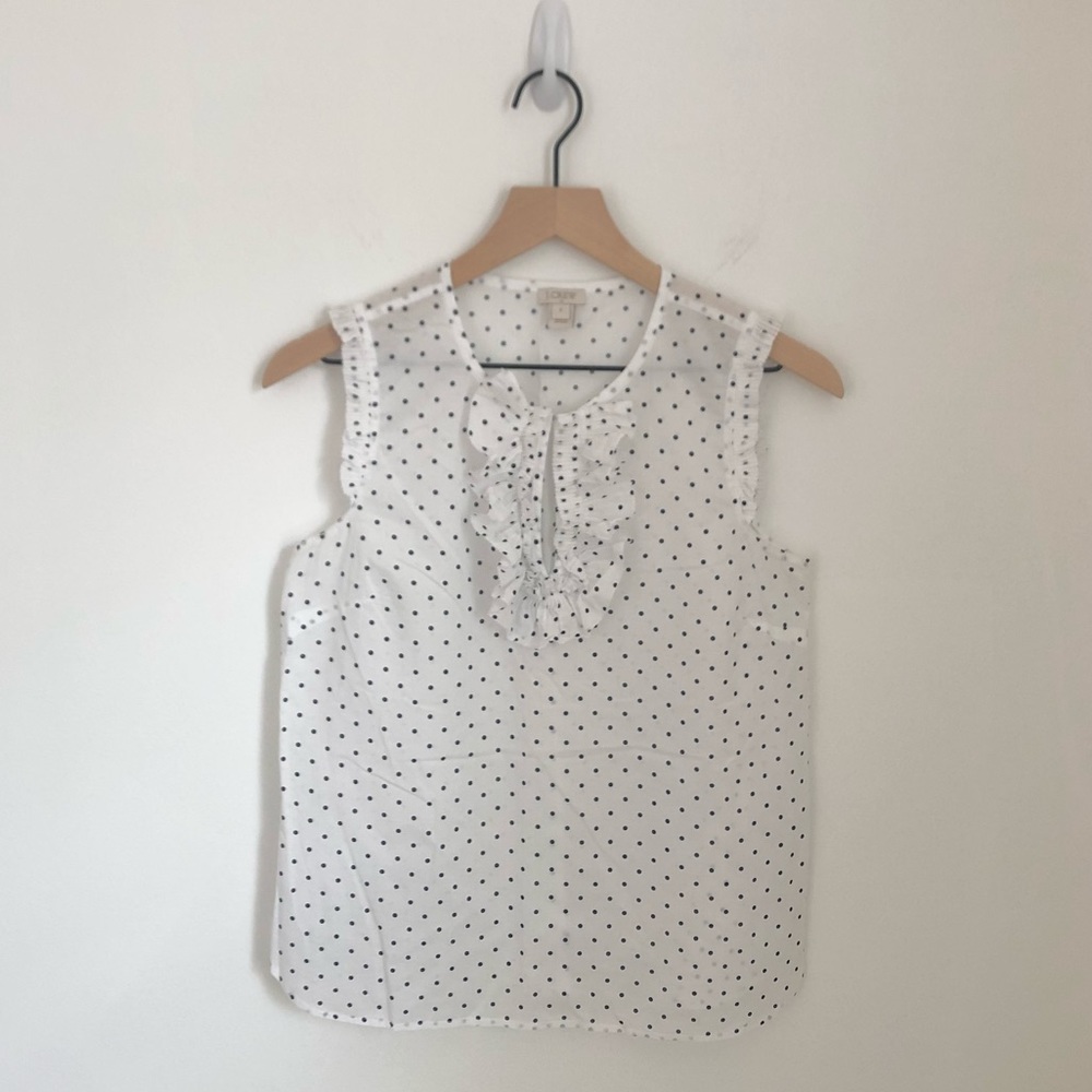 J. Crew Navy Polka Dot Sleeveless Top With Ruffle